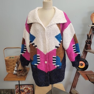 vtg 80s KNIT OVERSIZE CARDIGAN // vintage abstract geometric op art textured structured boxy slouchy funky spring chubby knit sweater jacket