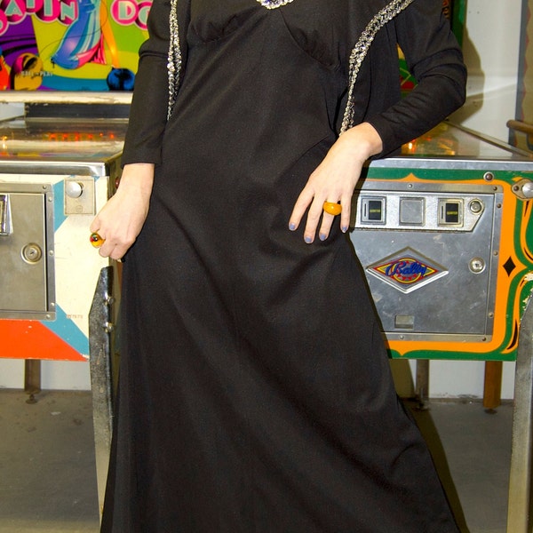 vtg 70s Rhinestone Disoc Maxi Dress // Black Evening Dress // Rhinestone Dress