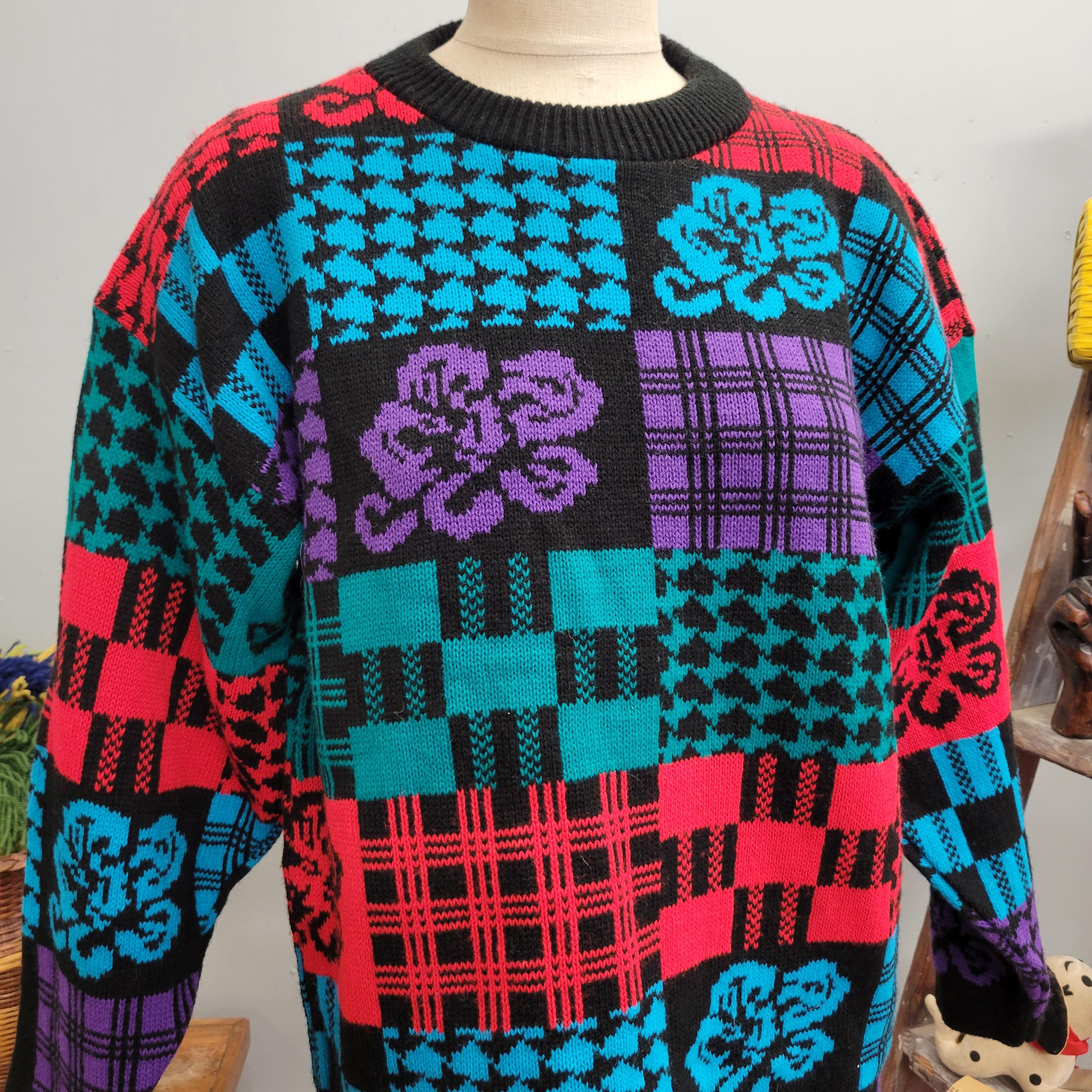 Vtg 80s Funky Pattern Sweater: Abstract Checkered Knit, Oversized