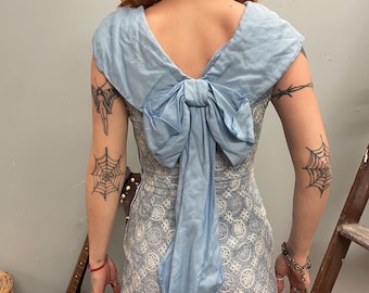 vtg 60s BOW TIE DRESS / vintage chiffon bow net lace embroidered full length fancy evening gown floral ethereal blue flowy shawl collar gown