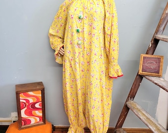 vtg 70s Floral Pom Pom CLOWN Suit, happy retro costume cute halloween jumpsuit