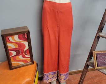 Vintage 1930s Strand Pyjama: Rayon Palazzos, Orange Koralle Print (XL)