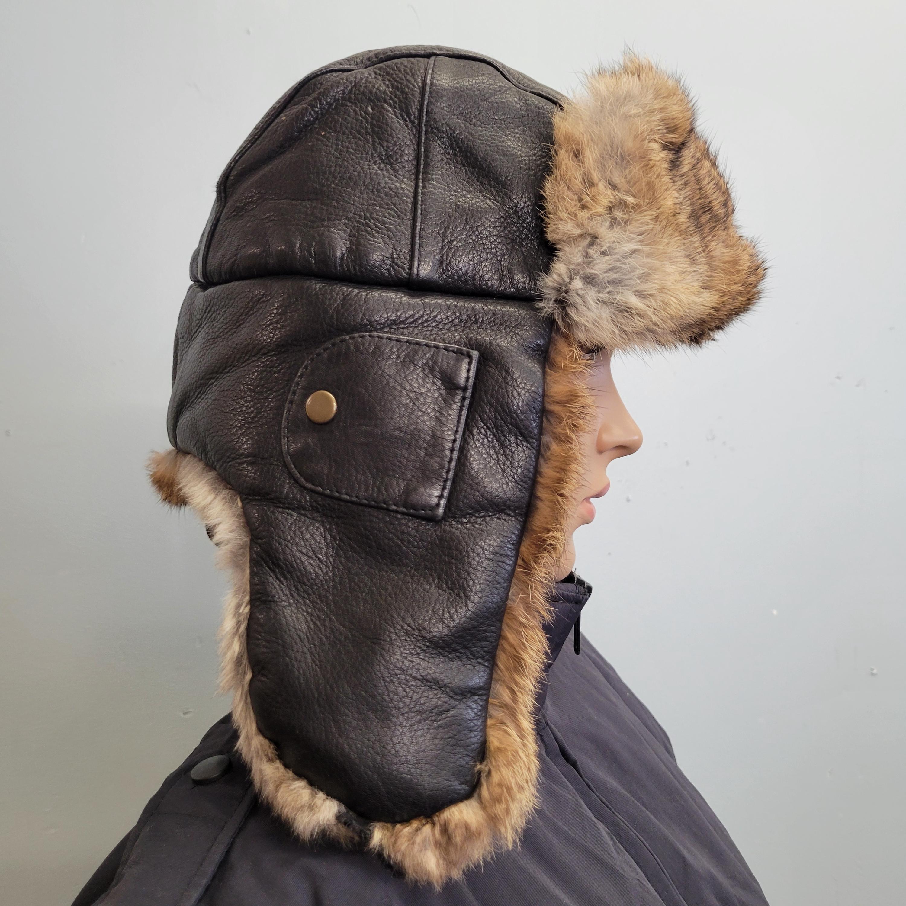 Vintage 90s Mad Bomber Rabbit Fur Aviator Hat: XL Leather Winter
