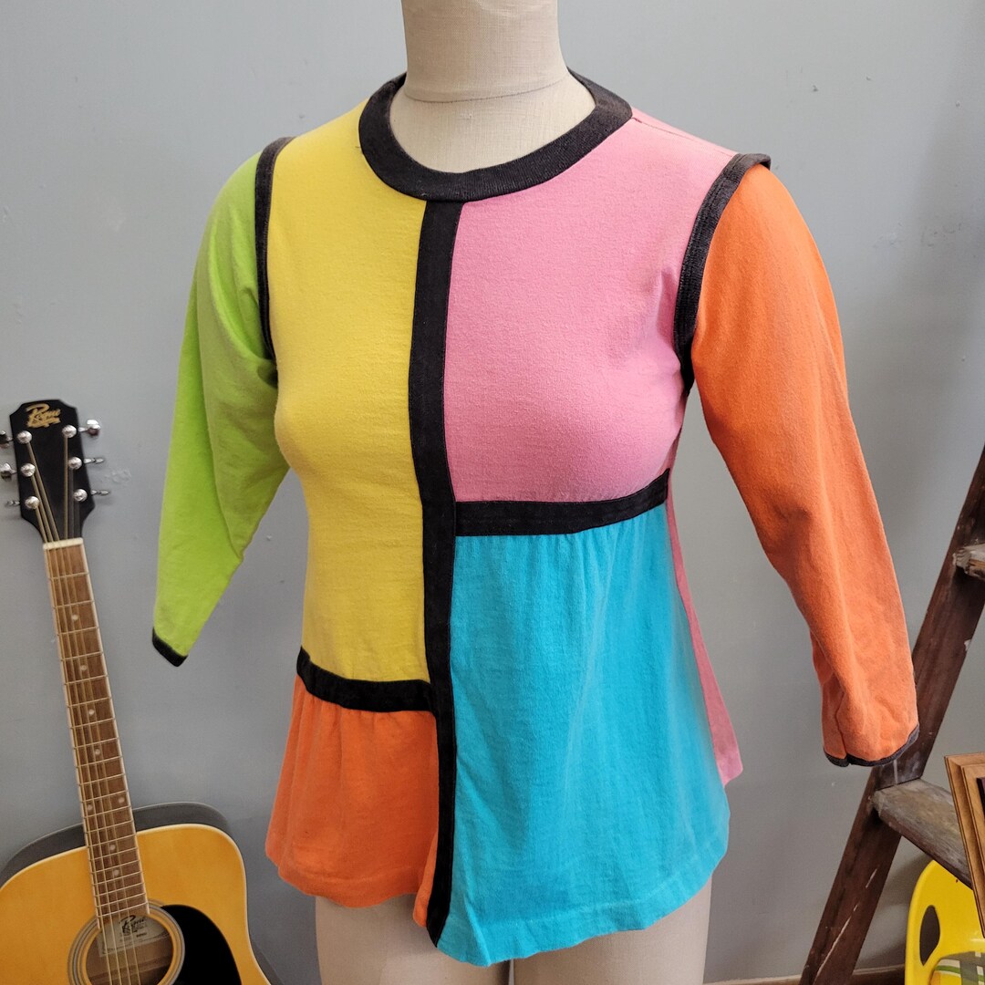 Vtg 80s Pastel Color Block Top, Mod Twee Geometric Cotton Blouse - Etsy