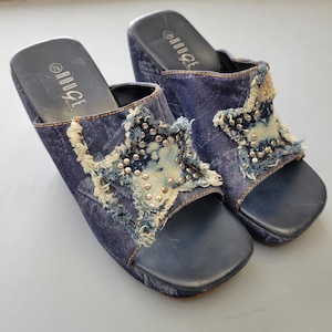 vtg 90s DENIM STAR PLATFORMS // vintage Rouge helium 7.5 heels y2k rhinestone studded bling sexy patchwork stacked wedge sandals festival