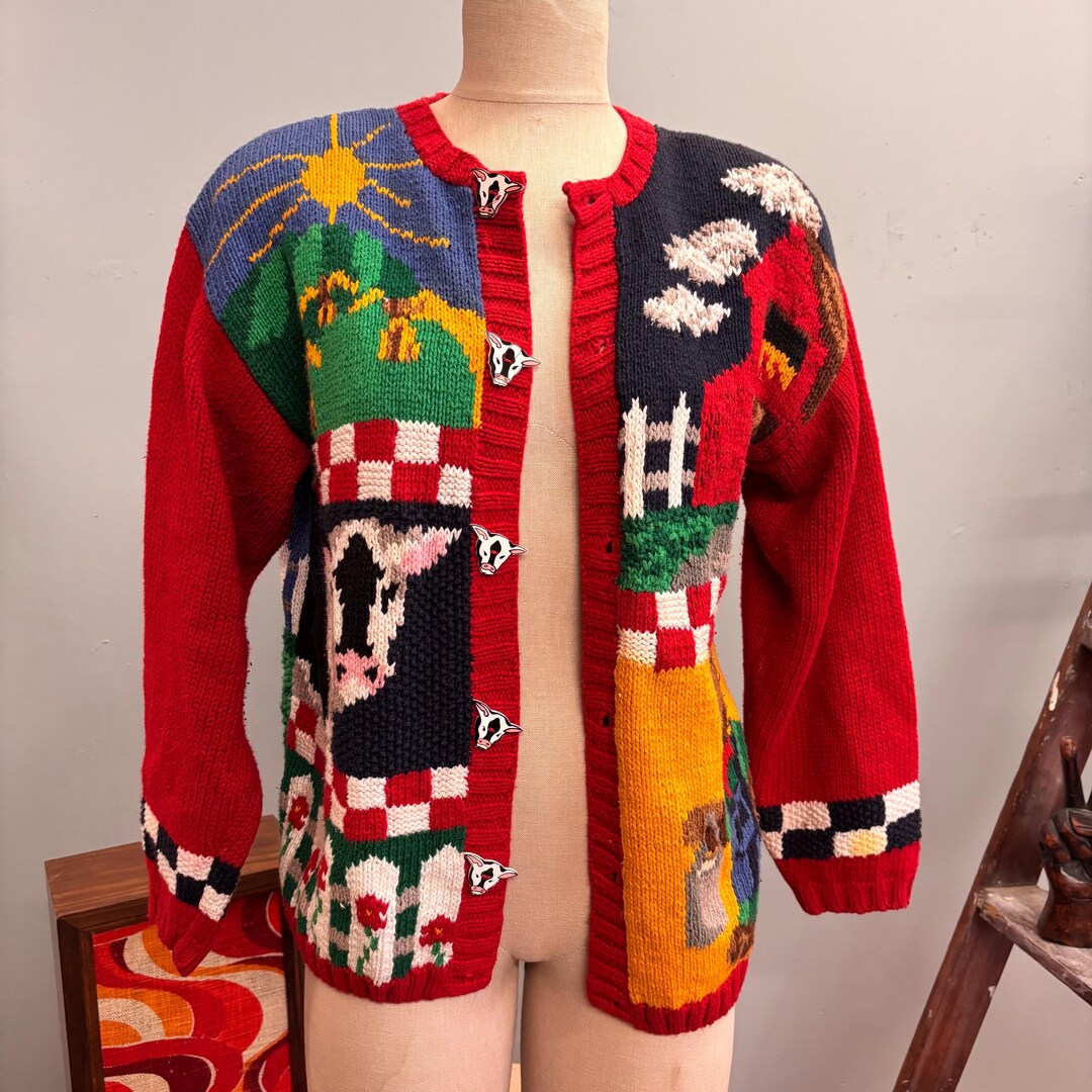 Vintage Eagles Eye Hand-knit Cardigan: Ramie Cotton Farm Theme - Etsy