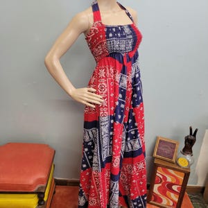 Vintage 70s Bandana Halter Dress: Shawn Originals Boho Patchwork Maxi