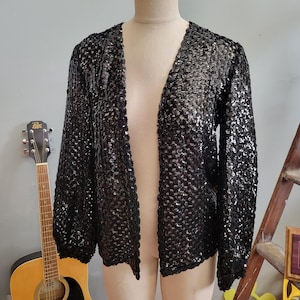 vtg 80s MESH SEQUIN JACKET / vintage three flaggs womens medium sparkly black beaded retro disco festive cardigan fancy lurex spring sweater