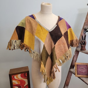 Vintage 60s Two Tone Suede Leather Hippie Poncho Cape Coat