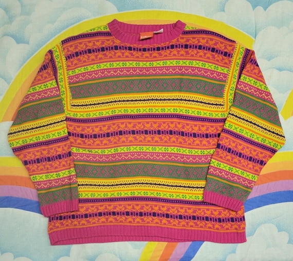 Vintage 90s Neon Liz & Co Striped Sweater // 80s … - image 1