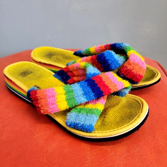 vtg 70s Rainbow Terry Cloth Platform Sandals: Size 6.5 Summer Beach Shoes