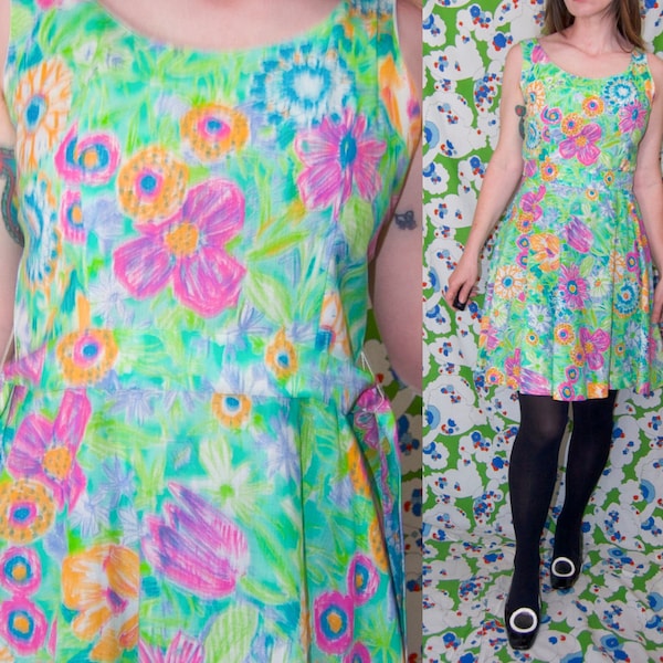vtg 60s mod mini dress PSYCHEDELIC psychedelic print floral NEON pastel green belted tank dress