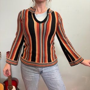 70s Striped Flare Sleeve Sweater: Vintage Mod Acrylic Top