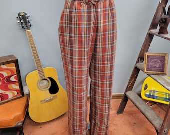 Vintage 70s Plaid Pants: Retro High Rise Wool Blend Trousers