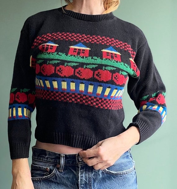 Vintage 80s Apple & Houses Sweater / Teacher Core 