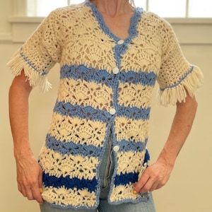vtg 70s FRINGE SWEATER CARDIGAN / vintage short sleeve crochet chunky one of a kind homemade cute striped blue blanket sweater mod retro top
