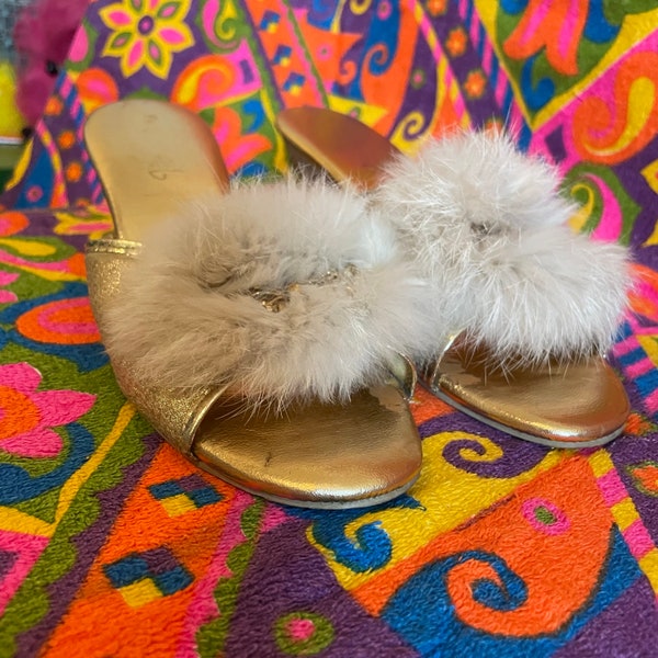 vtg 1950s fur slippers gold lame furry heels elegant fancy pin up glam house slippers mommie dearest