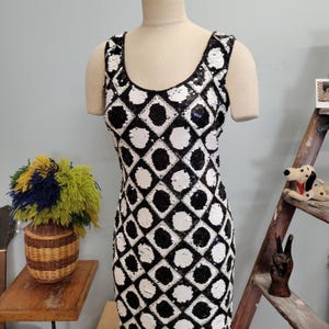 Vintage 80s Sequined Mini Dress: Tadashi Black White Checkered Mod