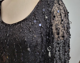 Robe Vintage Oleg Cassini Années 90 - Noire, Perles De Soie, Manches Transparentes