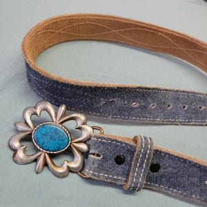 Vtg 70s Blue Suede Belt & Turquoise Belt Buckle: Vintage 