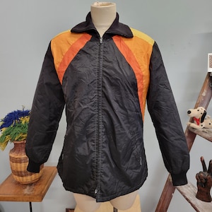 vtg 70s COLORWAY SKI-DOO Jacket vintage bombardier sunset medium black orange puffer snow mobile spring waterproof cute retro lightweight