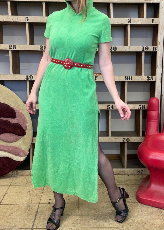 70s Vintage Hooded Terrycloth Dress: Green Beach Cover Up