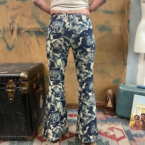 vtg 90s BLACK ROSES BELLBOTTOMS // vintage Y2K 70s hippie flare leg all over print bare back low rise woodstock print jeans spring festival