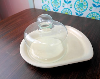 vtg 1950s Cheese/Charcuterie Board With Glass Dome Lid, Art Deco USA White Ceramic Party Platter