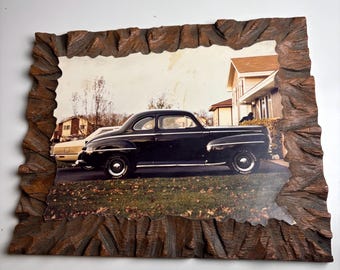 vtg 1940s Ford Coupe Art,  Faux Wood Frame, Mid-Century Decor