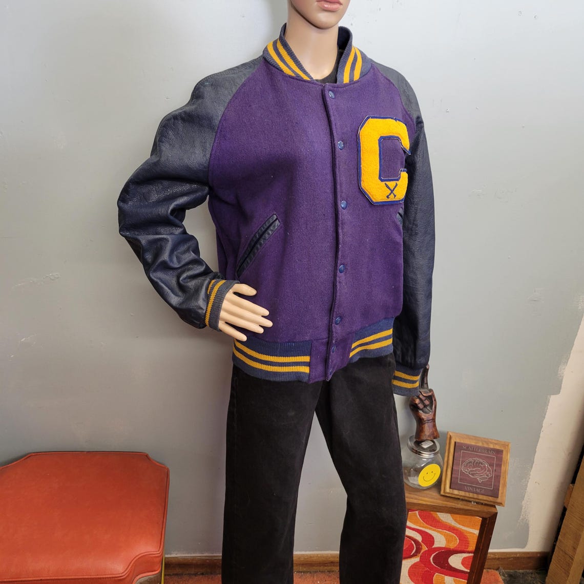 vtg 1940s 50s  Chainstitch BULLDOG JACKET : vintage purple leather wool LARGE Varsity Sport coat, foto 3 de 5