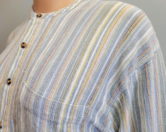 Blusa vintage de los años 70 de gasa de algodón india: a rayas, ligera, con botones, talla XL