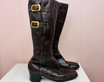 Vintage 60s Brown Leather Buckle Boots, Mod Go-Go Calf High