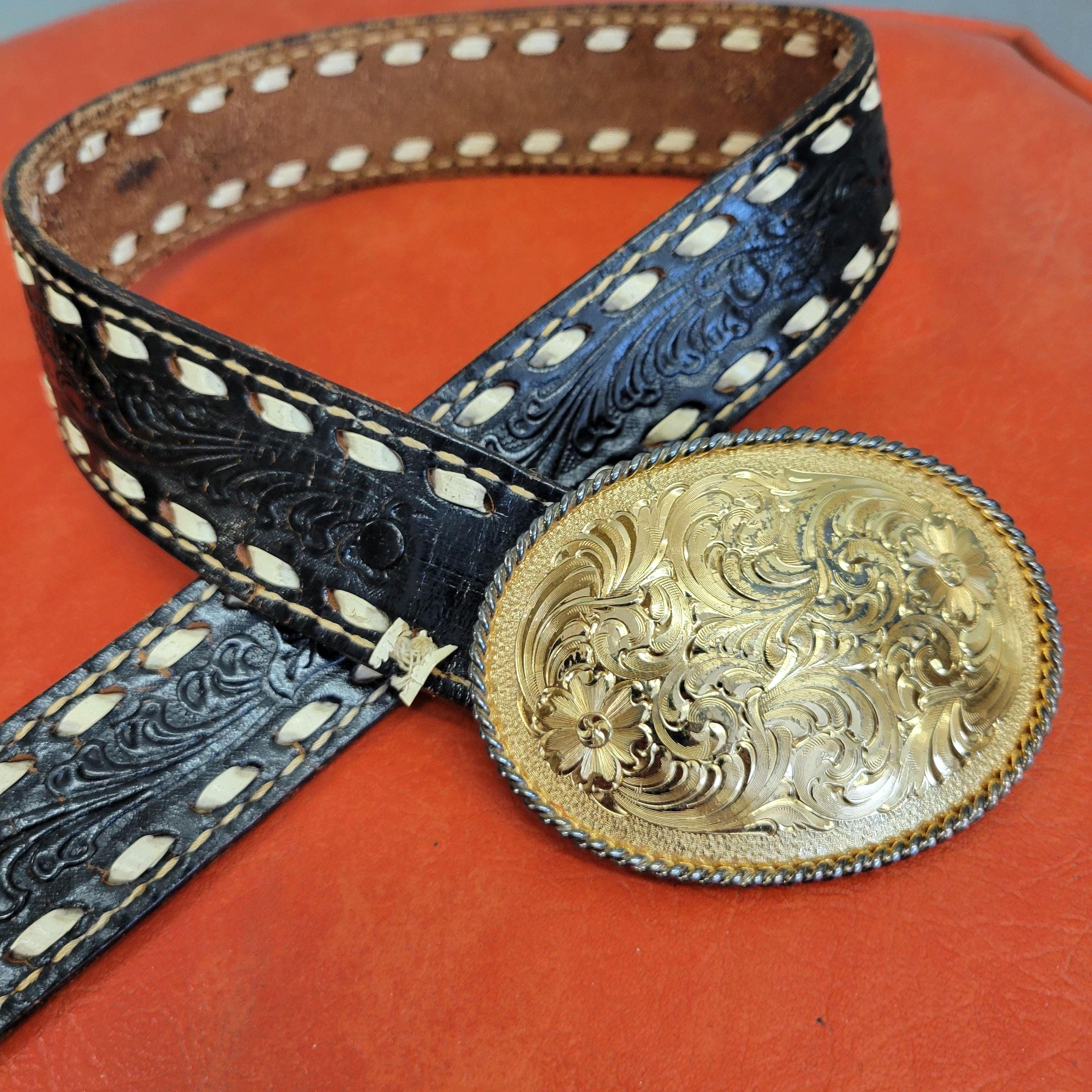 Vintage 70s Black Leather Western Belt: Hand Tooled Floral  display picture 2