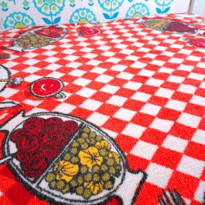 May include: A red and white checkered pattern covers the surface of a chair seat. The pattern is reminiscent of a picnic blanket. The seat is decorated with illustrations of food, including red berries, yellow flowers, and a red cup.