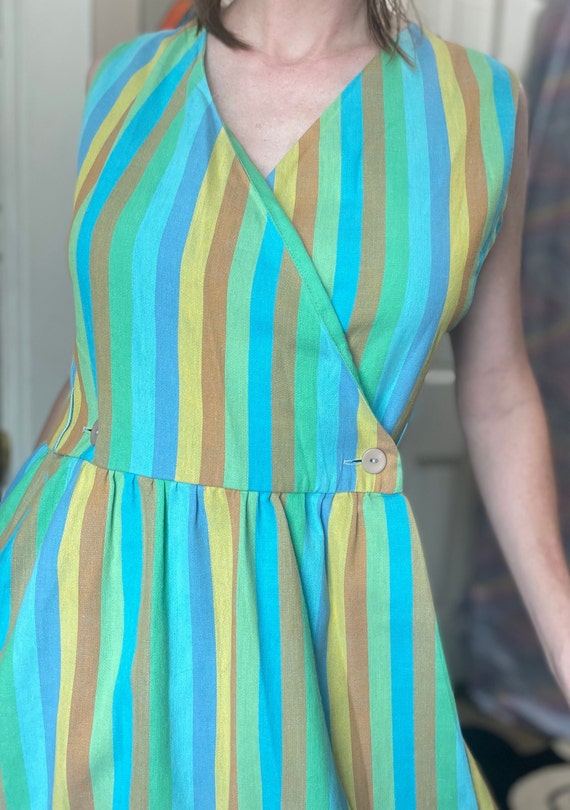 Vintage 50s 60s Pastel Striped Wrap Dress / Blue … - image 2