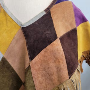 vtg 70s SUEDE PATCHWORK PONCHO // vintage medium western fringe cover up Texas hippie mod cowgirl retro bohemian geometric leather mini cape