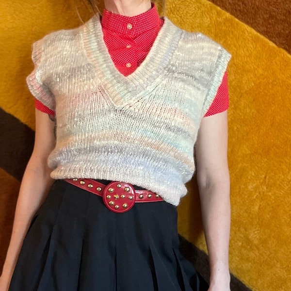 vtg 80s cropped sweater pastel muted colors v neck pullover sleeveless crop top knit mohair striped jumper layering boxy shirt Knit Deville