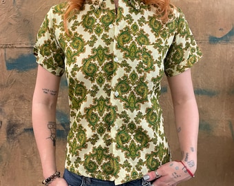 Vintage 60s Green Paisley Cotton Button-Down Top