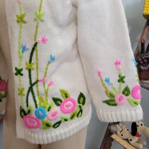 60s Embroidered Flower Cardigan: Vintage Hand Loomed Pastel Knit