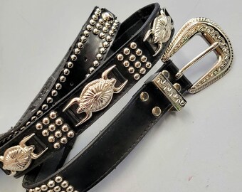 Vintage 70s Black Leather Western Belt: Hand Tooled Floral  display picture 2