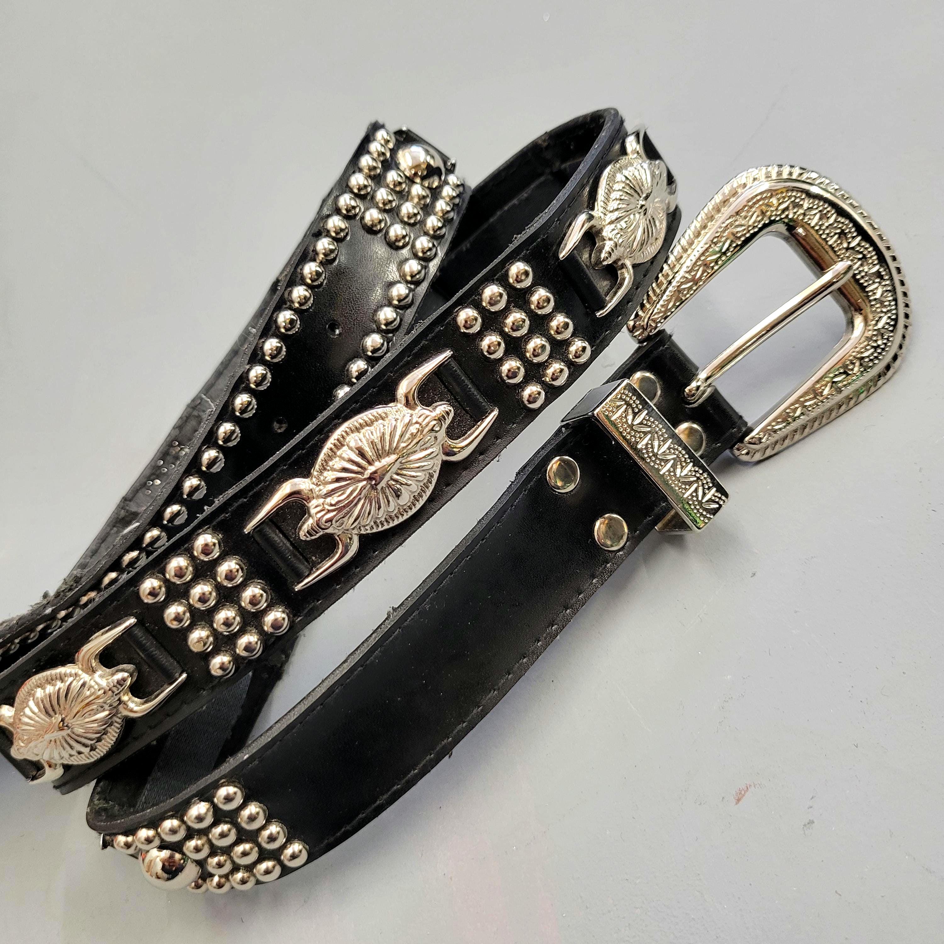 Vtg 1970\'s Black Leather Belt With Silver Tone \