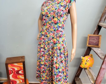vtg 80s Floral Drop Waist Dress, Kitschy Twirly Dress