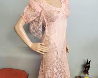 Vintage 1920s Pink Lace Gown Slip Dress with Shrug, Silk (As Found)