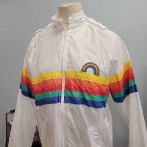 vtg 70s RAINBOW NYLON JACKET / vintage &quot;sherry&quot; small oversized womens autumn light rain coat retro colors striped rainbow windbreaker kelso