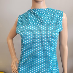 vtg 70s Checkered Knit Mini Dress: Vintage Retro A Line Blue Geometric Sleeveless Tent Dress Fall Layering Dress