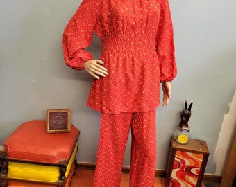 vtg 70s Zweiteiler Rayon Hosenanzug Polka Dot, PASSENDES TOP & HOSE // vintage size 13