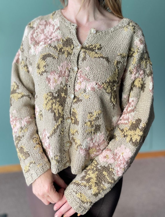 Vintage 90s GAP Cardigan / Sage Green Floral Sweater / Silk