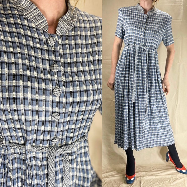 Vintage 90s Does 30s Rayon Maxi Dress / Blue Plaid Belted Flowy Dress