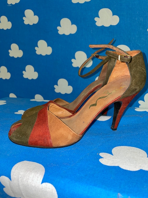 Vintage 70s Multicolored Suede Patchwork Heels / … - image 8