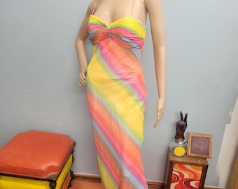 vtg 90s Y2K RAINBOW Gown, Glam Gurlz flowy sparkly Maxi Dress